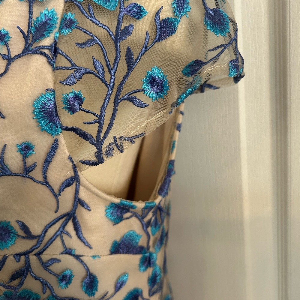 Adrianna Papell Floral Sheath Dress Cream Blue Nude Cap Sleeve Size 14 - Picture 4 of 14
